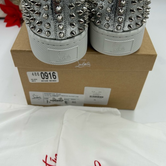 Men's Christian Louboutin roller boat, metallic silver spiked sneakers size 46 - Picture 7 of 11
